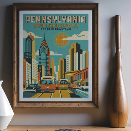 Pennsylvania, Philadelphia Art Deco downtown cityscape with vintage cars and trolleys.