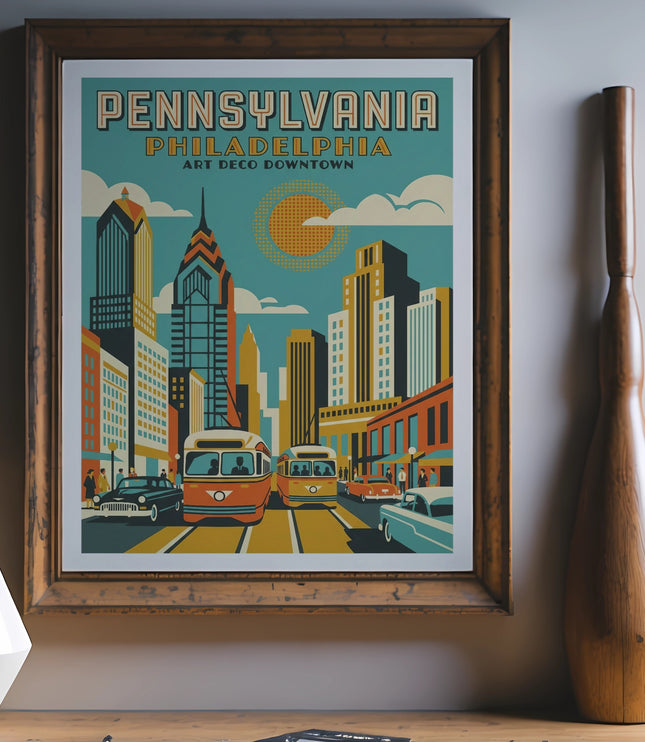 Pennsylvania, Philadelphia Art Deco downtown cityscape with vintage cars and trolleys.