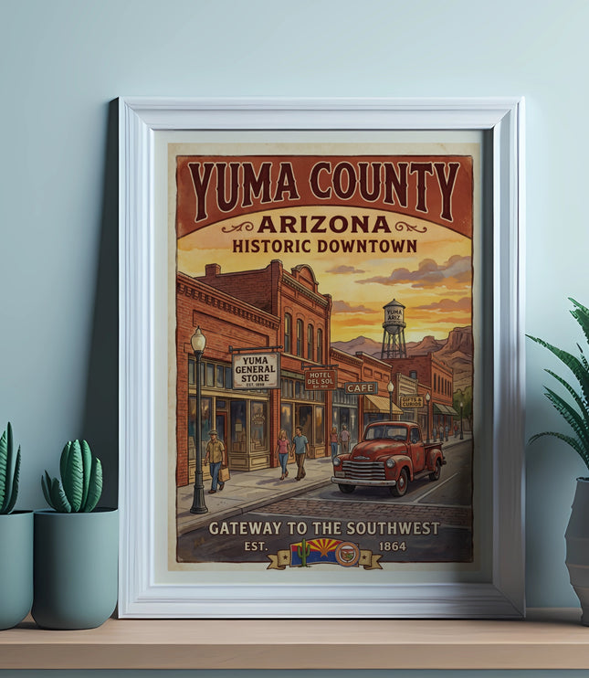 Yuma County Arizona Historic Downtown vintage travel poster with red truck.