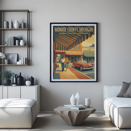 Vintage travel poster of Dundee's historic downtown, Monroe County, Michigan.