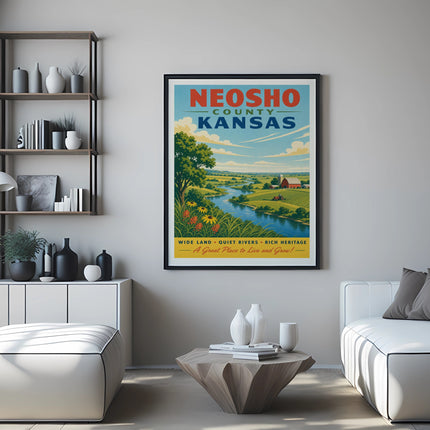 Neosho County Kansas travel poster with landscape and text.