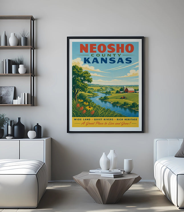Neosho County Kansas travel poster with landscape and text.