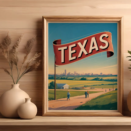 Framed Texas banner artwork with a scenic landscape of a city skyline.