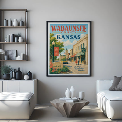 Wabaunsee County, Kansas travel poster featuring Alma and a vintage car.