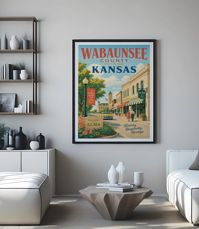 Wabaunsee County, Kansas travel poster featuring Alma and a vintage car.