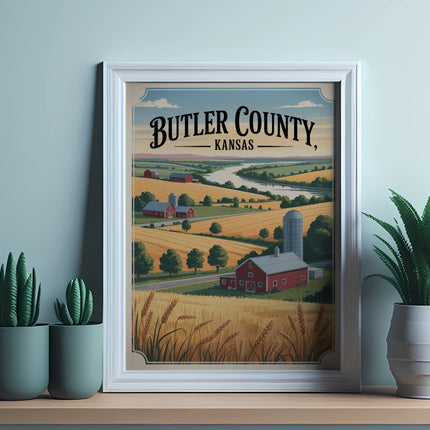 Framed vintage poster of Butler County, Kansas farms and landscape.