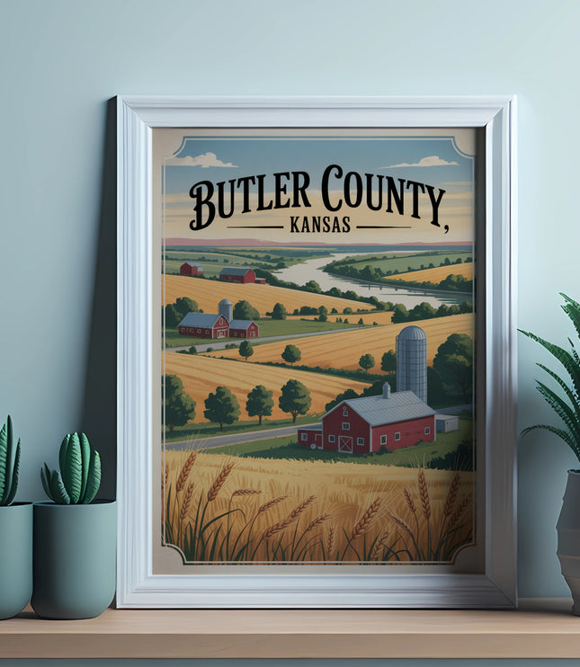 Framed vintage poster of Butler County, Kansas farms and landscape.