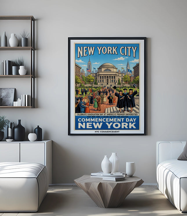 New York City Commencement Day poster featuring graduates and iconic buildings.