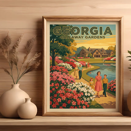 Framed vintage poster of Callaway Gardens with family walking by flowers.