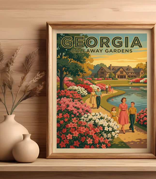 Framed vintage poster of Callaway Gardens with family walking by flowers.