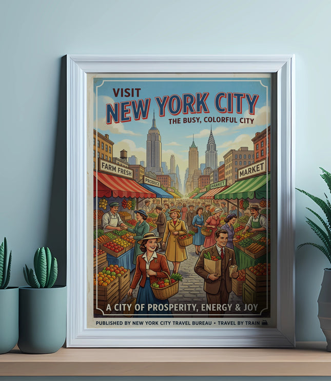 Retro poster of New York City skyline with crowds at a busy market.