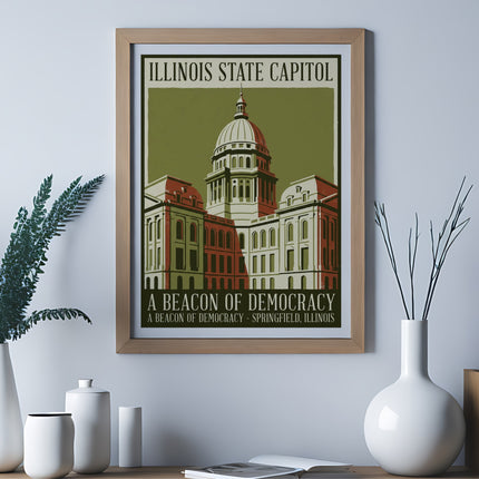 Illinois State Capitol building poster, "A Beacon of Democracy - Springfield, Illinois."
