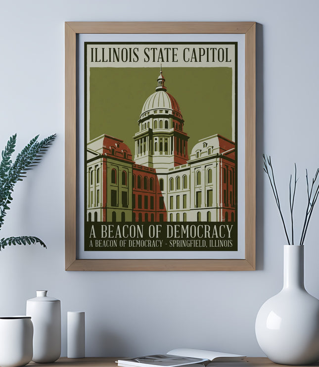 Illinois State Capitol building poster, "A Beacon of Democracy - Springfield, Illinois."