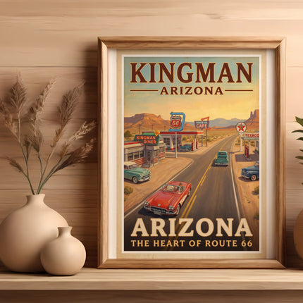 Vintage Kingman Arizona Route 66 poster featuring diners and classic cars.