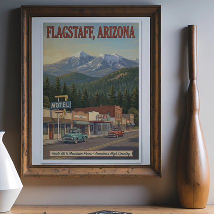 Framed poster showing Flagstaff, Arizona with Route 66 signs and mountains.