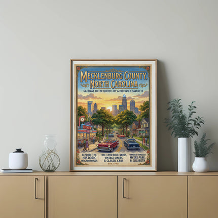 Mecklenburg County, North Carolina poster with skyline, diner, and classic cars.
