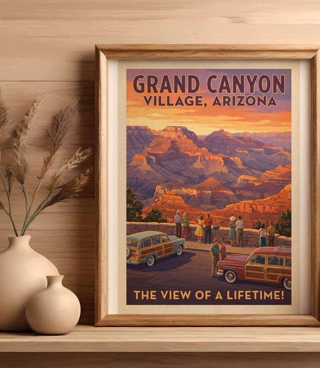 Grand Canyon Village, Arizona vintage travel poster with people and classic cars.