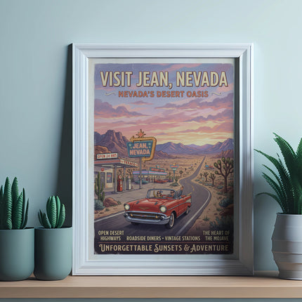 Retro poster: Visit Jean, Nevada, desert oasis with vintage car and Texaco.