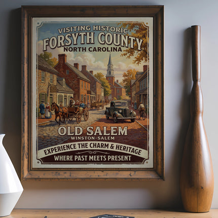 Old Salem Winston-Salem poster depicting horse-drawn carriage, old car, and buildings.