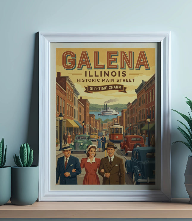 Vintage poster of Galena, Illinois historic main street with vintage cars and people.