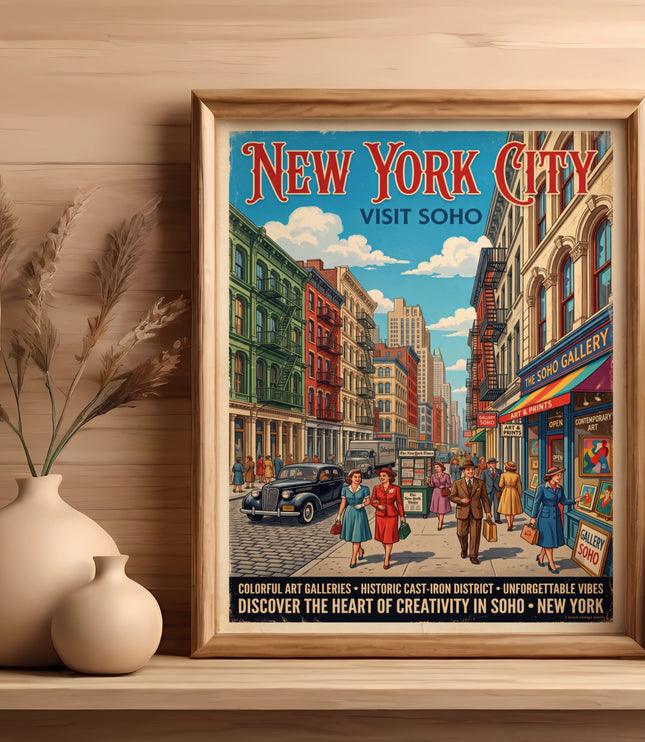 New York City Visit Soho poster with vintage street scene and text.