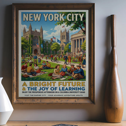 Vintage New York City poster with "A Bright Future & The Joy of Learning" text.
