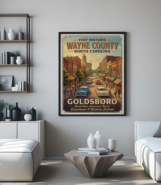 Vintage Goldsboro, North Carolina travel poster on wall above white sofa.