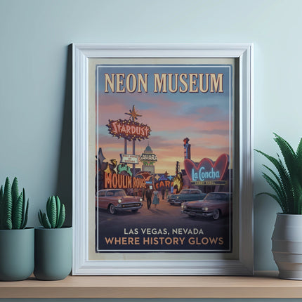 Neon Museum poster featuring vintage Las Vegas signs and cars, "Where History Glows".