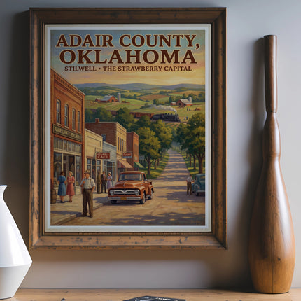 Adair County, Oklahoma Stilwell, The Strawberry Capital vintage travel poster.