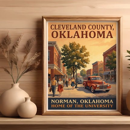 Norman, Oklahoma: Cleveland County poster with vintage car, people on sidewalk, and university text.