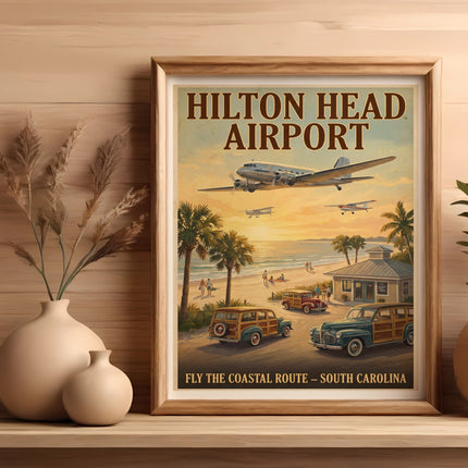 "Hilton Head Airport" poster with airplanes over a beach scene and vintage cars.