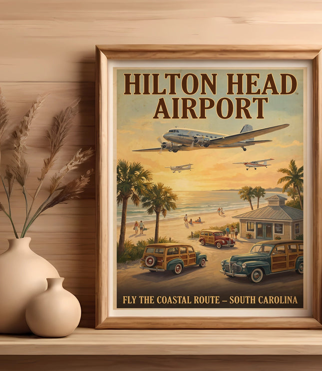 "Hilton Head Airport" poster with airplanes over a beach scene and vintage cars.