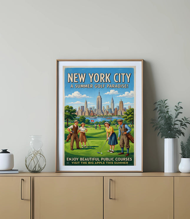New York City retro poster with golfers and city skyline. Text reads "New York City A Summer Golf Paradise!"