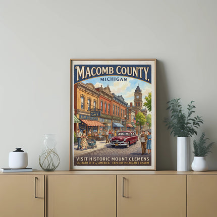 Vintage poster of Macomb County, Michigan, featuring Bath City street scene.