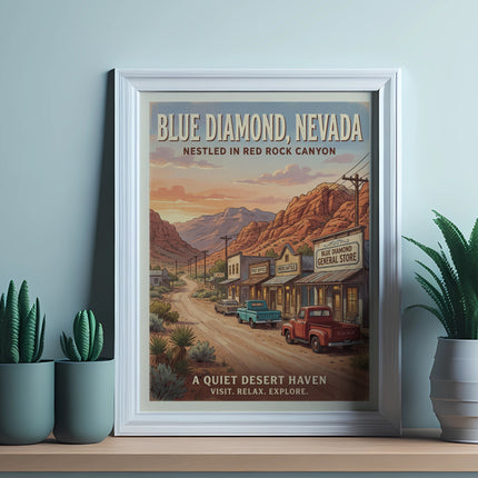 Vintage travel poster for Blue Diamond, Nevada, showing a desert town street scene.