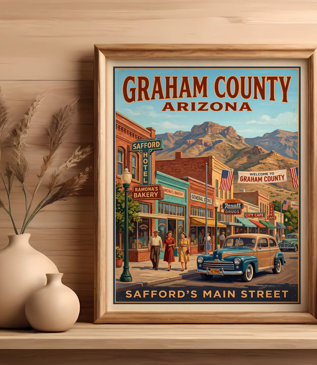 Vintage poster of Safford's Main Street, Graham County, Arizona with shops and cars.