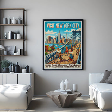 Visit New York City poster with people cycling across a bridge.