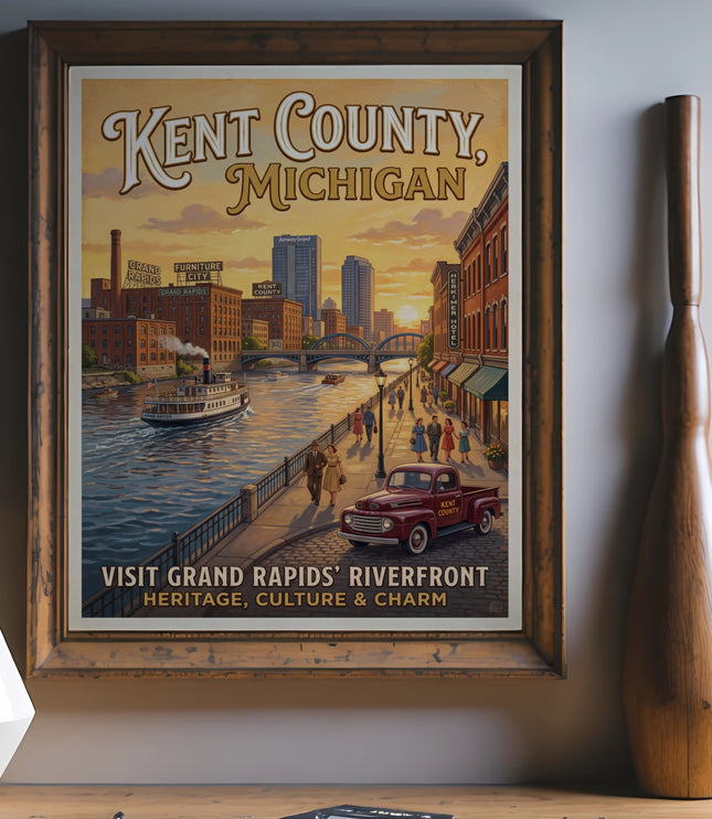 Kent County, Michigan poster featuring Grand Rapids' riverfront with diverse activities and landmarks.