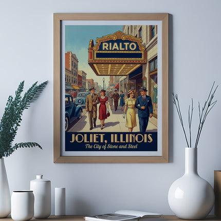 Vintage Rialto Theater poster with couple walking in front of building.