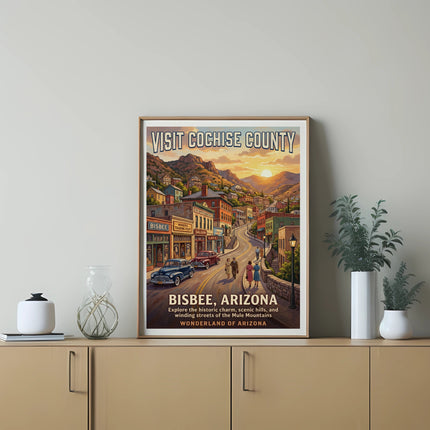 Vintage travel poster of Bisbee, Arizona featuring buildings and sunset.