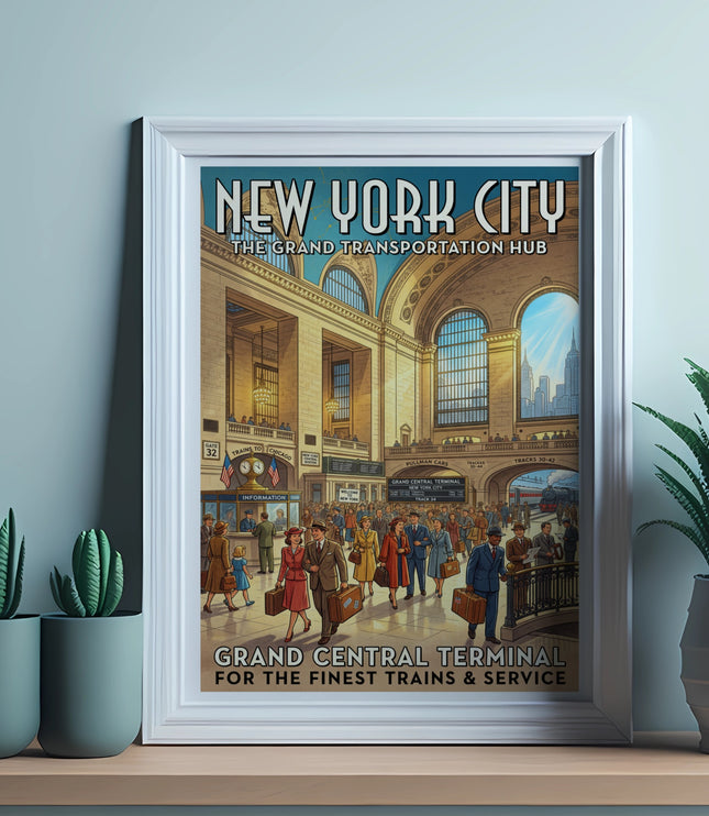 Vintage poster of Grand Central Terminal with people, trains, and city skyline.