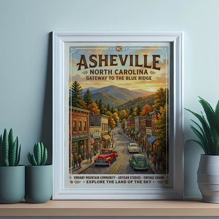 Asheville North Carolina vintage travel poster with mountains and street scene.