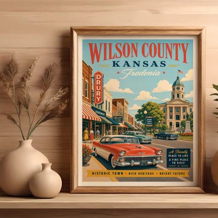 Vintage travel poster for Wilson County, Kansas, depicting Fredonia with a classic car.