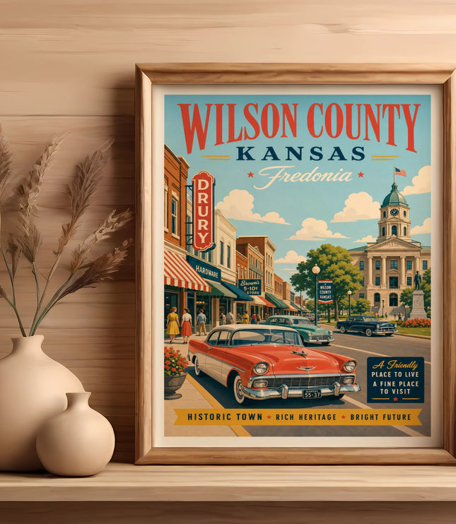 Vintage travel poster for Wilson County, Kansas, depicting Fredonia with a classic car.