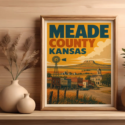 Meade County Kansas retro travel poster with windmill and town buildings.