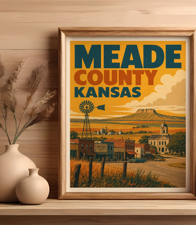 Meade County Kansas retro travel poster with windmill and town buildings.