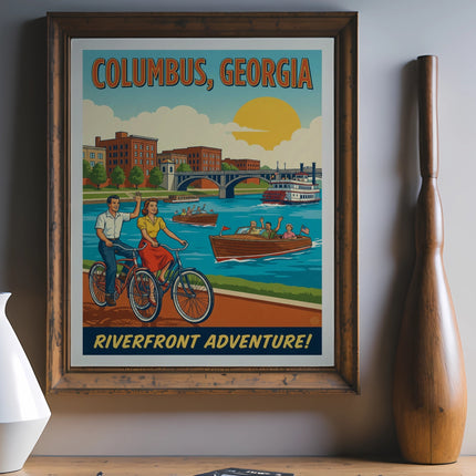 Vintage Columbus, Georgia poster featuring a riverboat and cyclists on Riverfront Adventure.