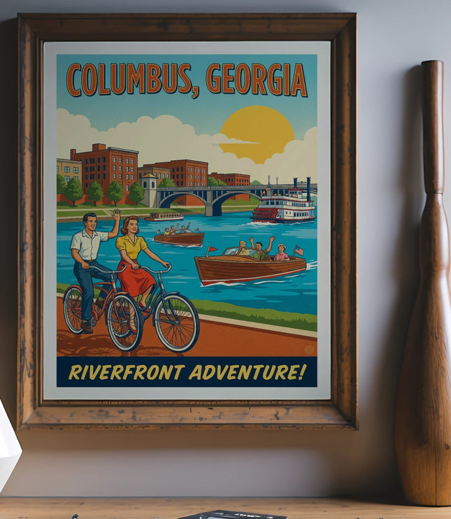 Vintage Columbus, Georgia poster featuring a riverboat and cyclists on Riverfront Adventure.
