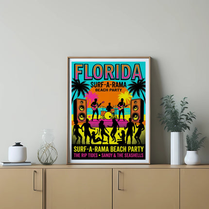 Florida Surf-A-Rama Beach Party poster with bands and palm trees.