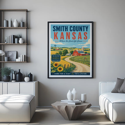 Smith County, Kansas poster with farm, sunflowers, and text about the good life.